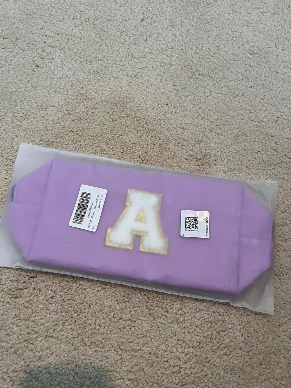 Lavender makeup/pencil case with White & Gold 'A' Patch